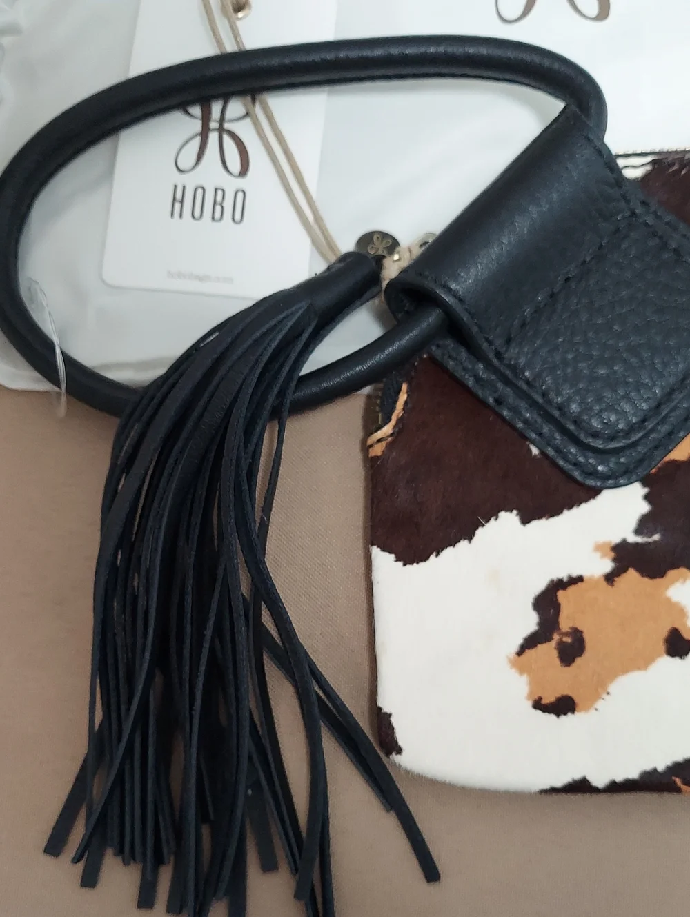 HOBO Wristlet Bag, New! Pony Hair Cowhide Leather, Tassel, Black Brown